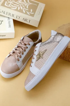 New Dear-Lover Glitter Star Patchwork PU Leather Lace-up Sneakers Gold