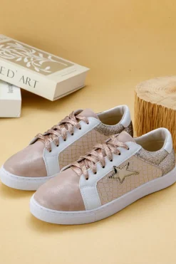 New Dear-Lover Glitter Star Patchwork PU Leather Lace-up Sneakers Gold