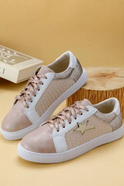 New Dear-Lover Glitter Star Patchwork PU Leather Lace-up Sneakers Gold