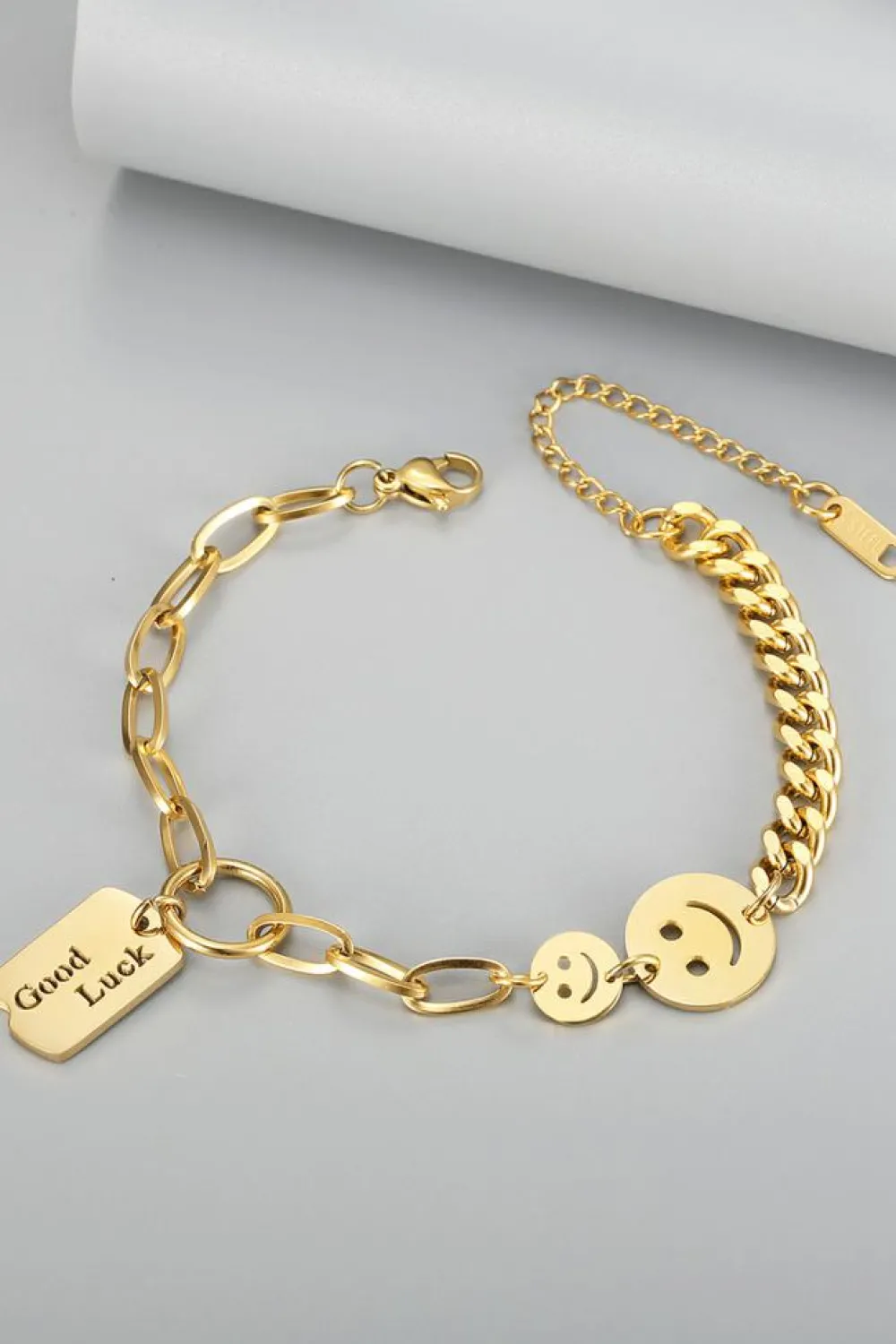 Sale Dear-Lover GOOD LUCK Smile Face Adjustable Chain Bracelet Gold