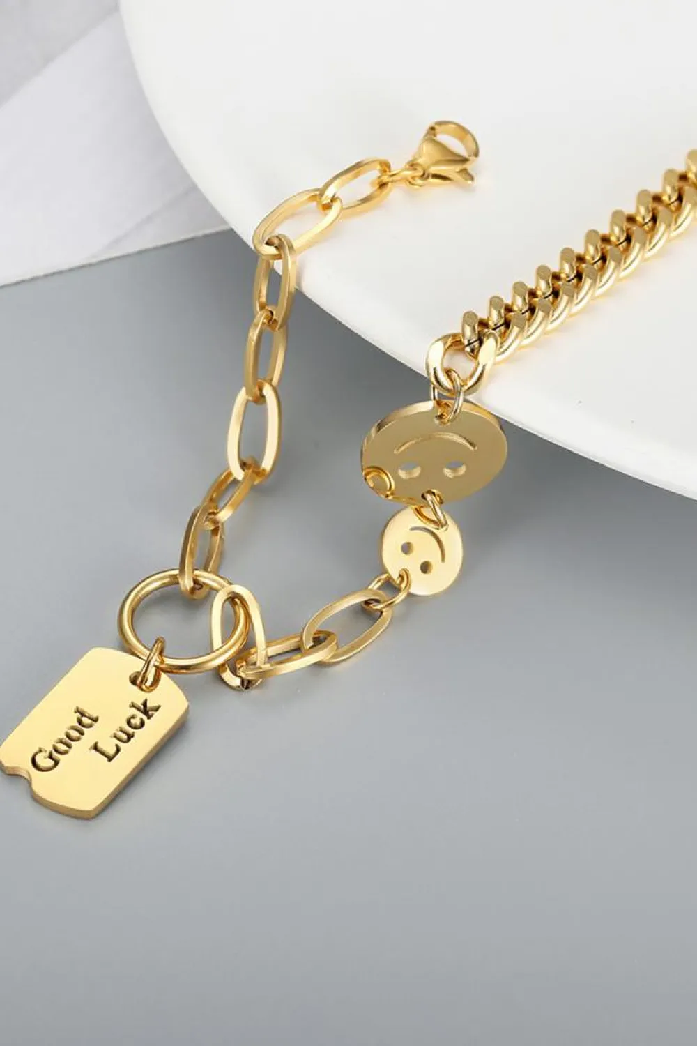 Sale Dear-Lover GOOD LUCK Smile Face Adjustable Chain Bracelet Gold