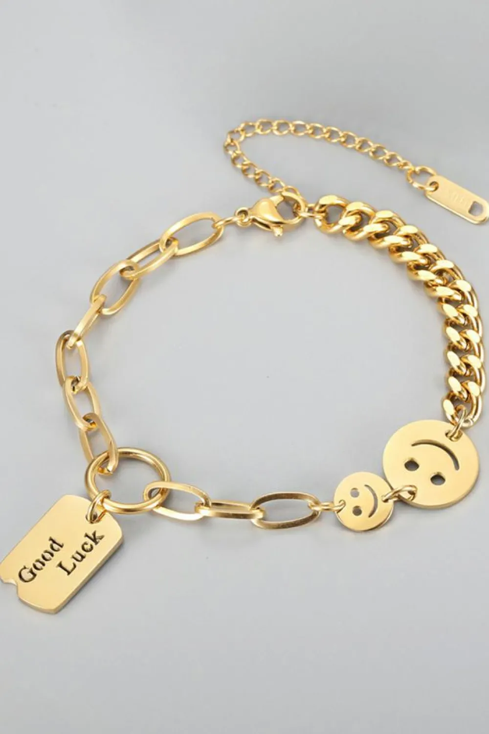 Sale Dear-Lover GOOD LUCK Smile Face Adjustable Chain Bracelet Gold