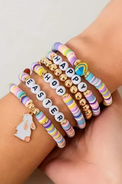 Fashion Dear-Lover Happy Easter Letter Beaded Elastic Multi Layer Bracelet Gold