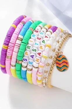 Best Dear-Lover Happy Easter Polymer Clay Beaded Bracelet Gold