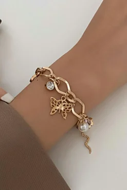 Online Dear-Lover Heart Butterfly Pearl Charm Plated Alloy Bracelet Gold