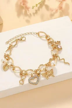 Online Dear-Lover Heart Butterfly Pearl Charm Plated Alloy Bracelet Gold