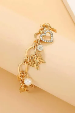 Online Dear-Lover Heart Butterfly Pearl Charm Plated Alloy Bracelet Gold