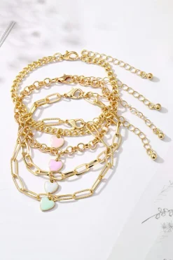 Hot Dear-Lover Heart Charm Multi Layer Adjustable Chain Bracelet Gold