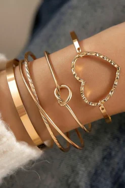Outlet Dear-Lover Heart Knot Plated Multi Layer Open Cuff Bracelet Set Gold
