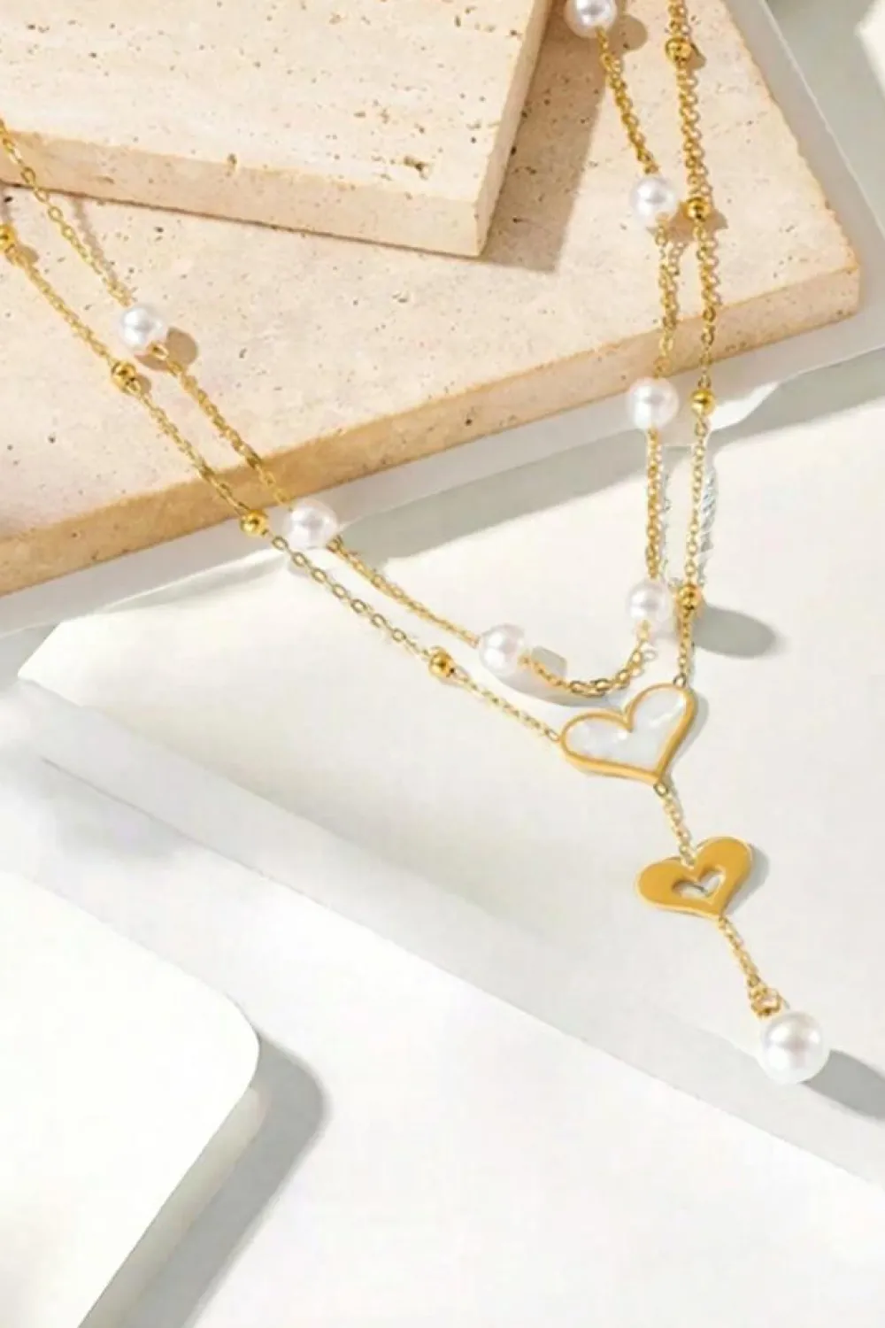 Discount Dear-Lover Heart Pearl Double Layer Adjustable Chain Necklace Gold