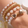 Best Dear-Lover Heart Pearl Plated Beaded Elastic Bracelet Set Gold