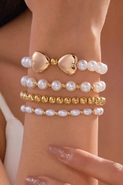 Best Dear-Lover Heart Pearl Plated Beaded Elastic Bracelet Set Gold