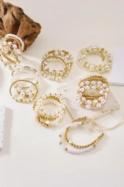 Best Dear-Lover Heart Pearl Plated Beaded Elastic Bracelet Set Gold