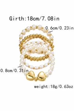 Best Dear-Lover Heart Pearl Plated Beaded Elastic Bracelet Set Gold