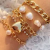 Fashion Dear-Lover Heart Pendant Pearl Rhinestone Chain Bracelet Set Gold