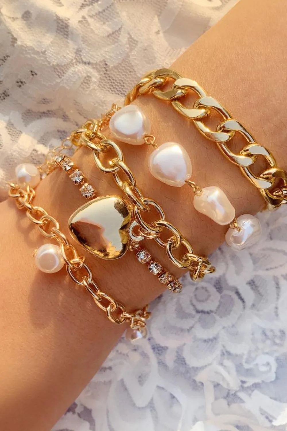 Fashion Dear-Lover Heart Pendant Pearl Rhinestone Chain Bracelet Set Gold