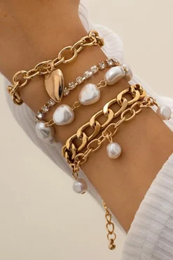 Fashion Dear-Lover Heart Pendant Pearl Rhinestone Chain Bracelet Set Gold
