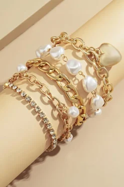 Fashion Dear-Lover Heart Pendant Pearl Rhinestone Chain Bracelet Set Gold