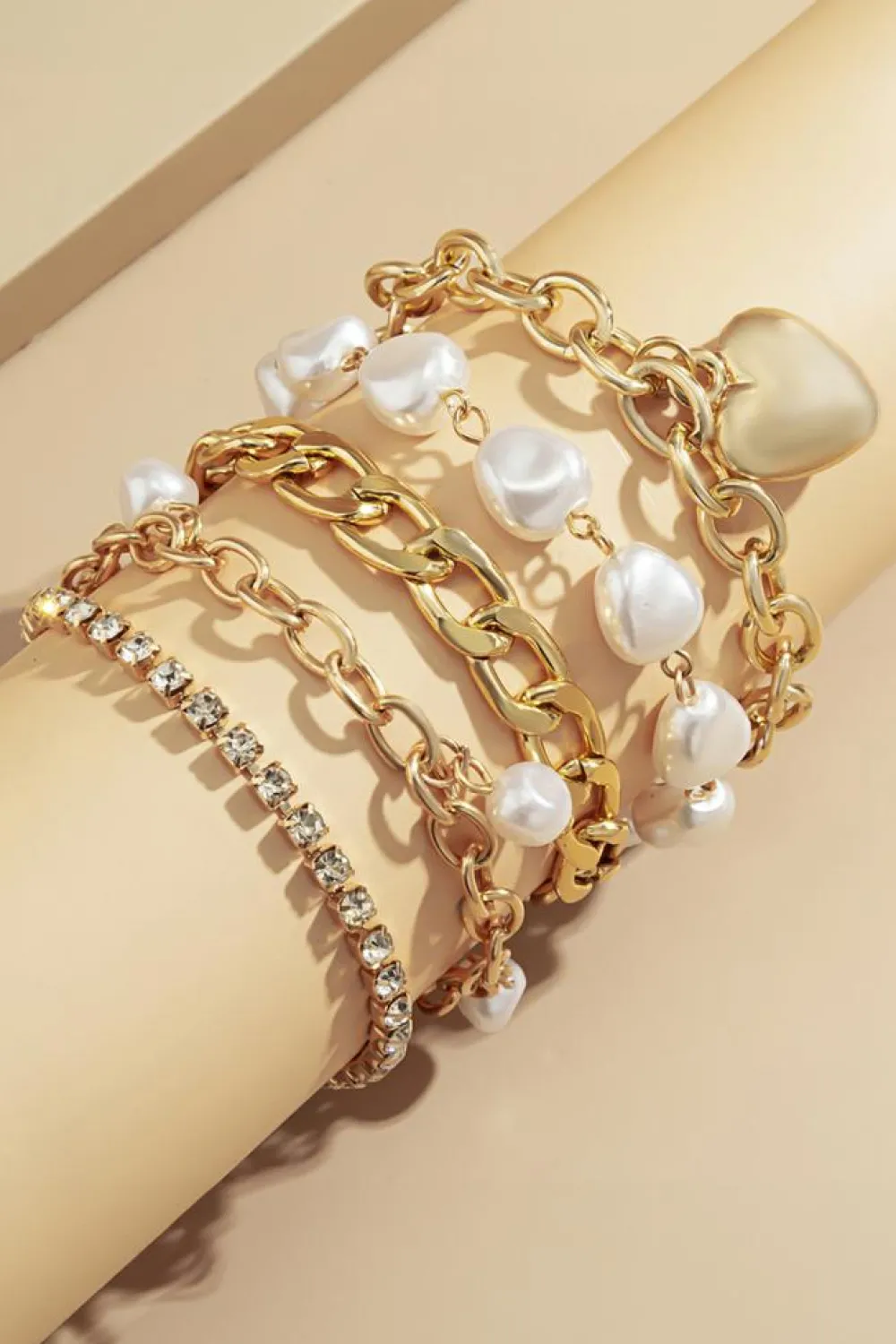 Fashion Dear-Lover Heart Pendant Pearl Rhinestone Chain Bracelet Set Gold