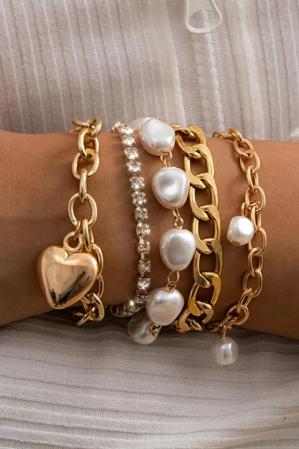 Fashion Dear-Lover Heart Pendant Pearl Rhinestone Chain Bracelet Set Gold