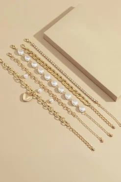 Fashion Dear-Lover Heart Pendant Pearl Rhinestone Chain Bracelet Set Gold