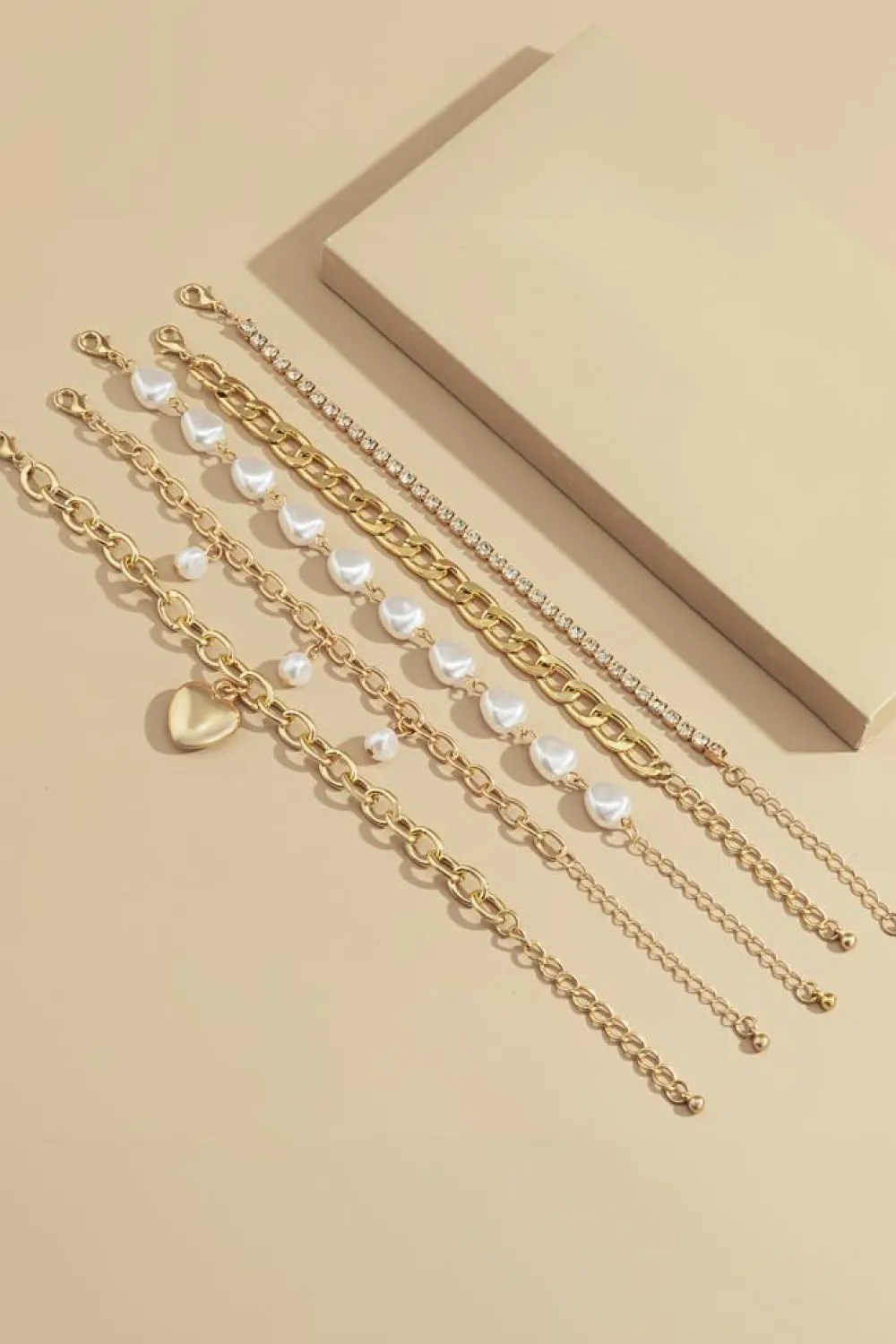 Fashion Dear-Lover Heart Pendant Pearl Rhinestone Chain Bracelet Set Gold
