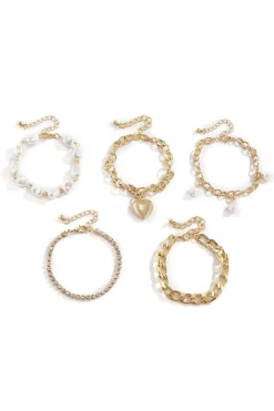 Fashion Dear-Lover Heart Pendant Pearl Rhinestone Chain Bracelet Set Gold