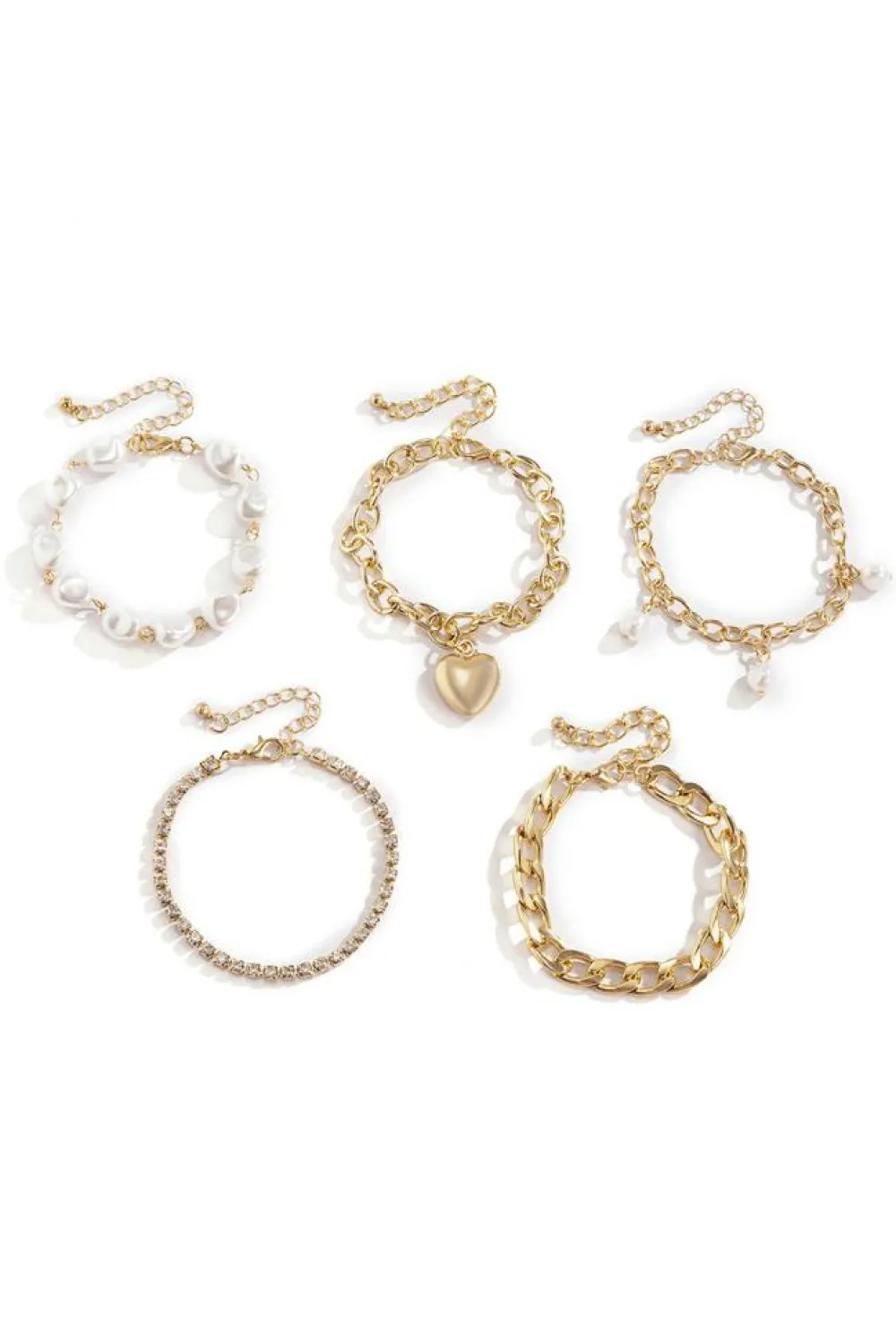 Fashion Dear-Lover Heart Pendant Pearl Rhinestone Chain Bracelet Set Gold