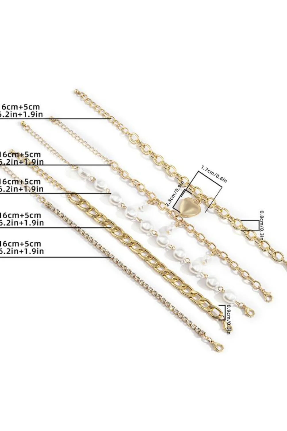 Fashion Dear-Lover Heart Pendant Pearl Rhinestone Chain Bracelet Set Gold