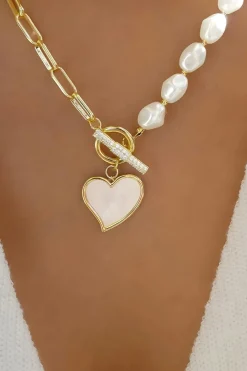 Outlet Dear-Lover Heart Shape Pendant Rhinestone Decor Pearl Chain Necklace Gold