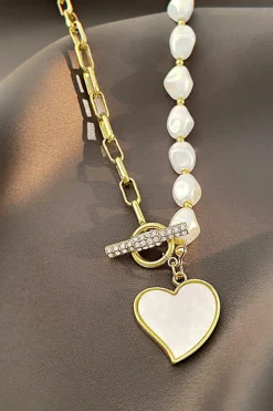 Outlet Dear-Lover Heart Shape Pendant Rhinestone Decor Pearl Chain Necklace Gold