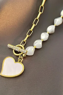 Outlet Dear-Lover Heart Shape Pendant Rhinestone Decor Pearl Chain Necklace Gold