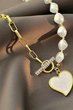 Outlet Dear-Lover Heart Shape Pendant Rhinestone Decor Pearl Chain Necklace Gold