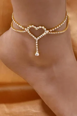 Sale Dear-Lover Heart Shape Rhinestone Adjustable Anklet Gold