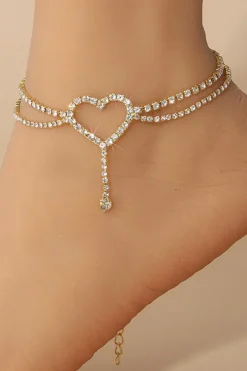 Sale Dear-Lover Heart Shape Rhinestone Adjustable Anklet Gold