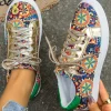 Clearance Dear-Lover Lace-up Sleek Floral Patchwork Flat Shoes Gold
