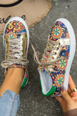 Clearance Dear-Lover Lace-up Sleek Floral Patchwork Flat Shoes Gold