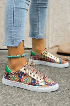 Clearance Dear-Lover Lace-up Sleek Floral Patchwork Flat Shoes Gold