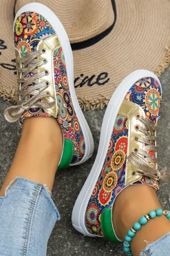 Clearance Dear-Lover Lace-up Sleek Floral Patchwork Flat Shoes Gold