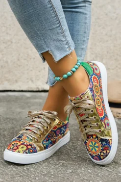 Clearance Dear-Lover Lace-up Sleek Floral Patchwork Flat Shoes Gold