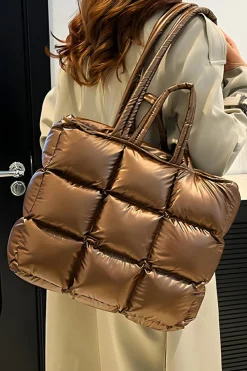 Fashion Dear-Lover Large Capacity Quilted Puffer Tote Bag Gold
