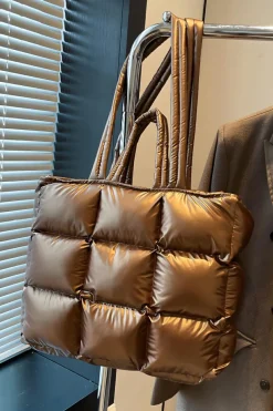 Fashion Dear-Lover Large Capacity Quilted Puffer Tote Bag Gold