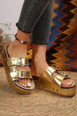 Best Dear-Lover Leathered Stud Dual Buckle Platform Slippers Gold