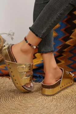 Best Dear-Lover Leathered Stud Dual Buckle Platform Slippers Gold