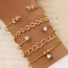 New Dear-Lover Leaves Heart Shape Rhinestone Inlay Adjustable Bracelet Set Gold