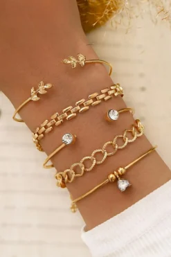 New Dear-Lover Leaves Heart Shape Rhinestone Inlay Adjustable Bracelet Set Gold