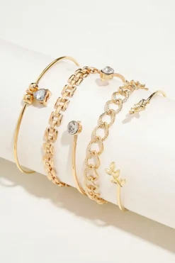 New Dear-Lover Leaves Heart Shape Rhinestone Inlay Adjustable Bracelet Set Gold