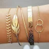 Hot Dear-Lover Leaves Retro Pattern Adjustable Plated 5Pcs Bracelet Set Gold