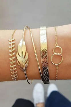 Hot Dear-Lover Leaves Retro Pattern Adjustable Plated 5Pcs Bracelet Set Gold
