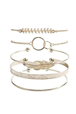 Hot Dear-Lover Leaves Retro Pattern Adjustable Plated 5Pcs Bracelet Set Gold
